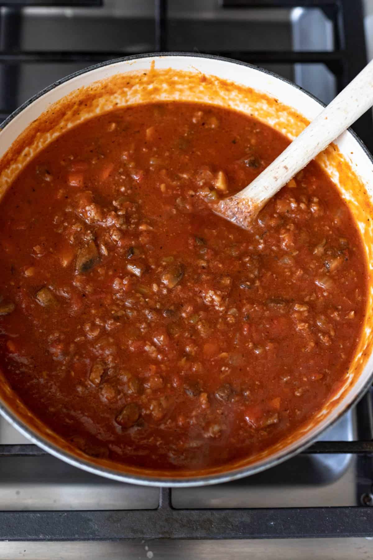 final shot of cooked bolognese sauce in a pot