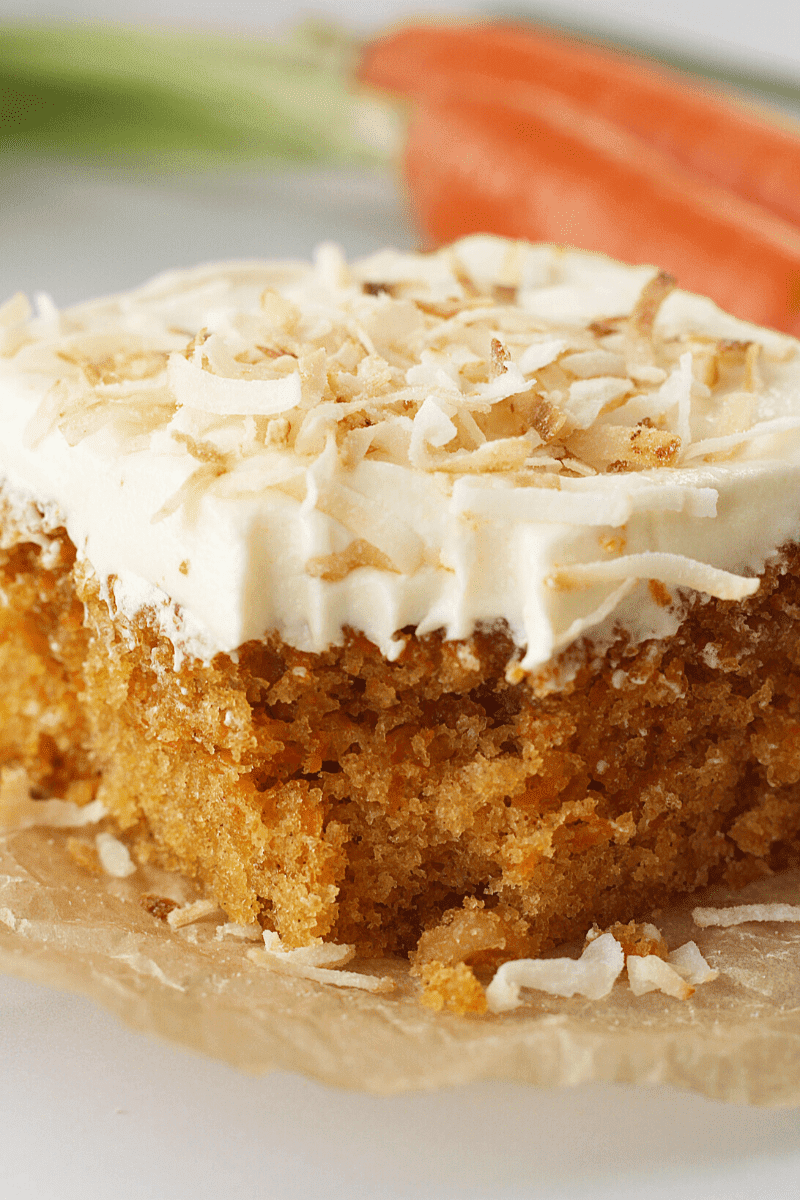 This is a close-up 45 degree angle shot of a single layer carrot cake topped with cream cheese frotting and toasted coconut flakes. Purpose of this image is to display the texture to the reader.