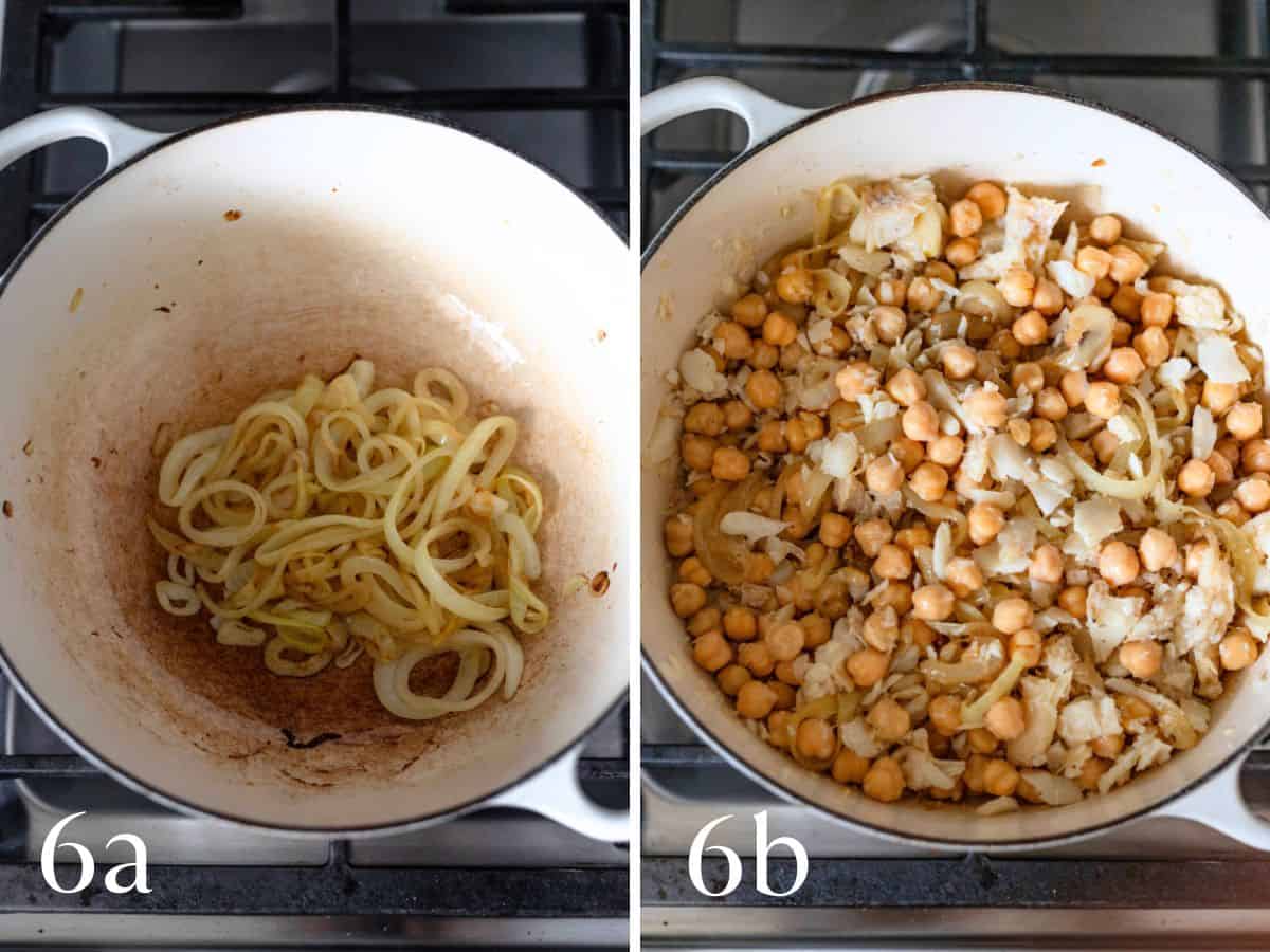 Sautéed onions, chickpeas, bacalhau in a deep pan on the stove.