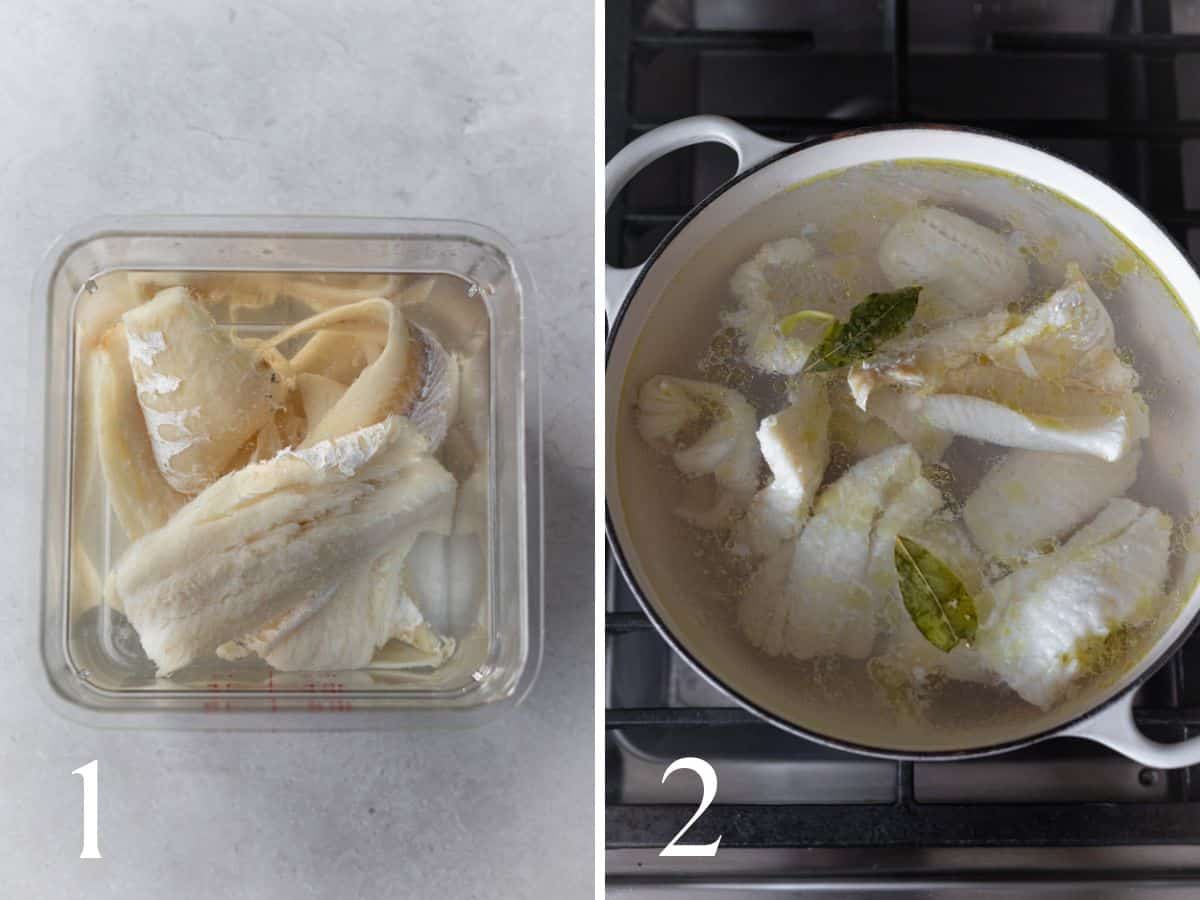 recipe step photos showing salted cod (bacalhau) soaked (left) and parboiled (right).