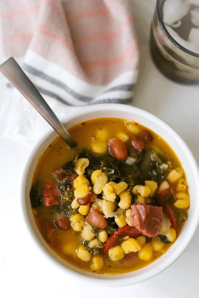 Bowl of cachupa - the national dish of Cape Verde. This blog post contains the full recipe with links to recipes for other Cape Verdean food