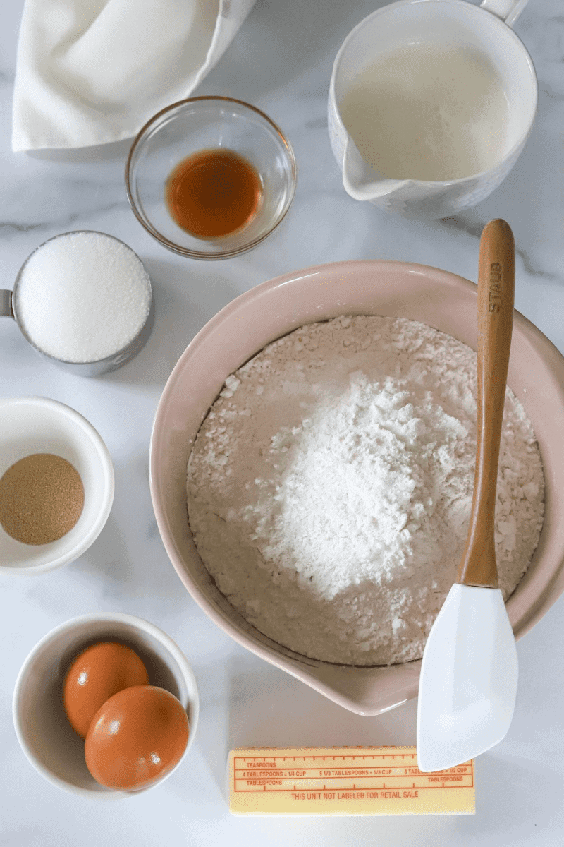 Flat lay of ingredients to make cinnamon roll dough