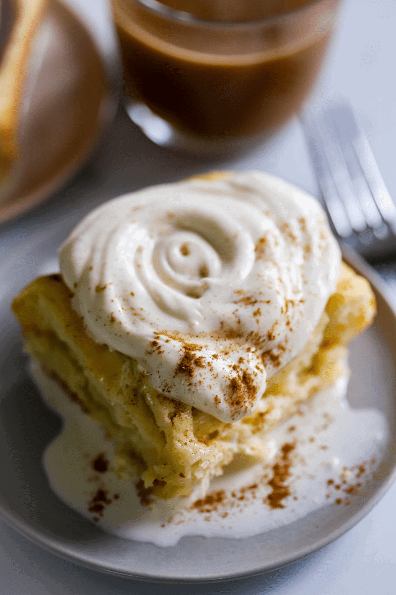 frosted cinnamon roll soaked in tres leches