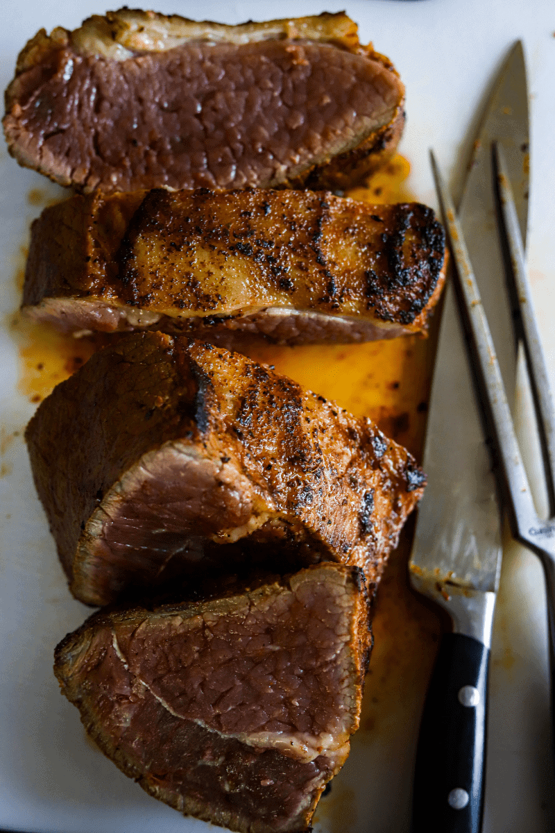 Perfectly seared beef top roast that will be used to make Mexican birria (tacos)