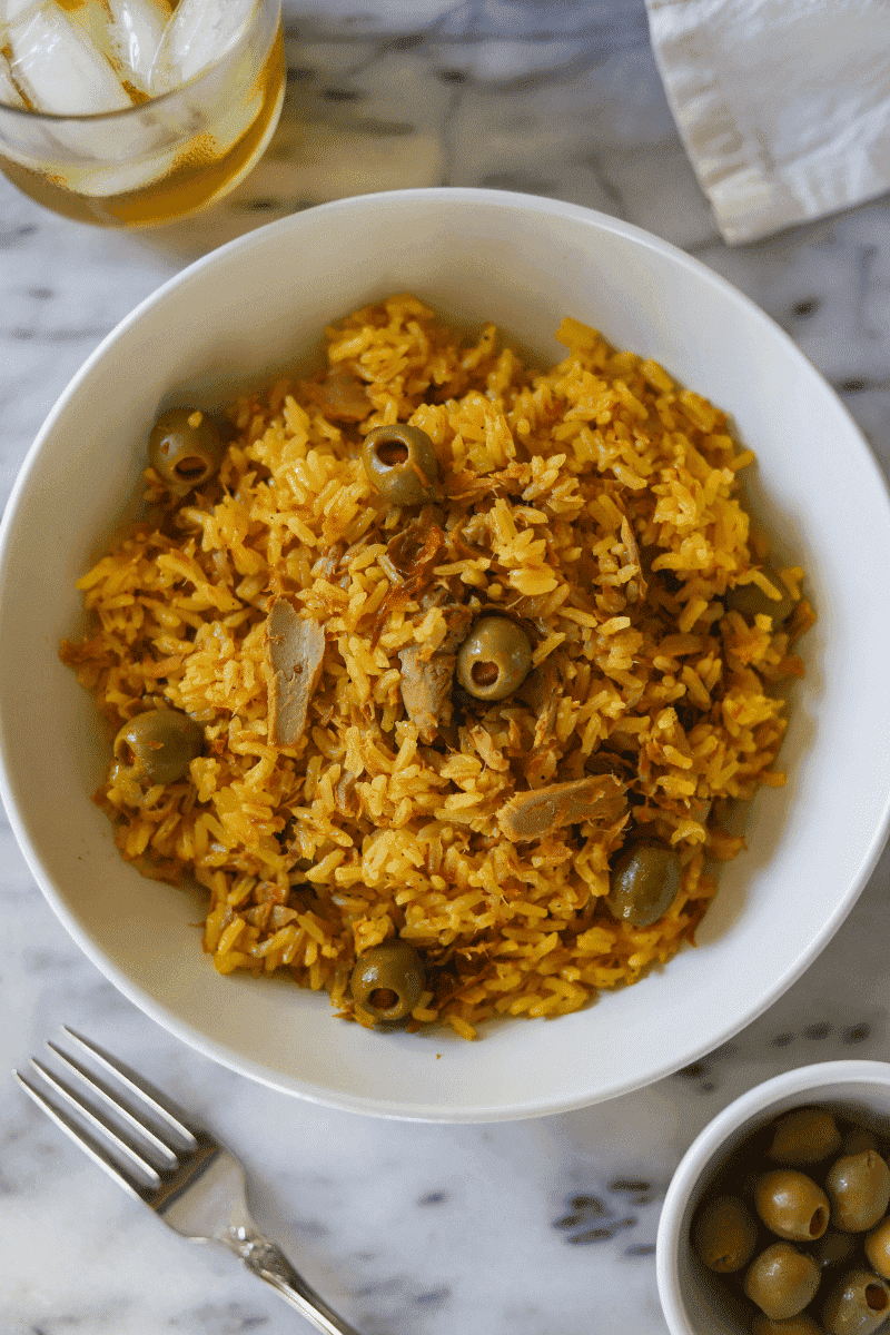 bowl of arroz c'atum - Cape Verdean rice with tuna