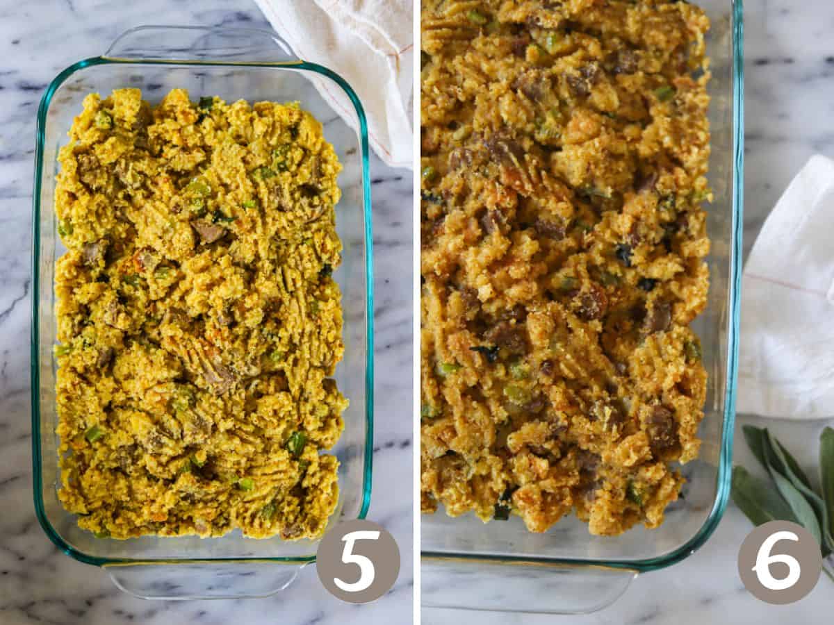 cornbread stuffing mixture in a glass baking dish (left), baked cornbread stuffing in a glass baking dish (right).