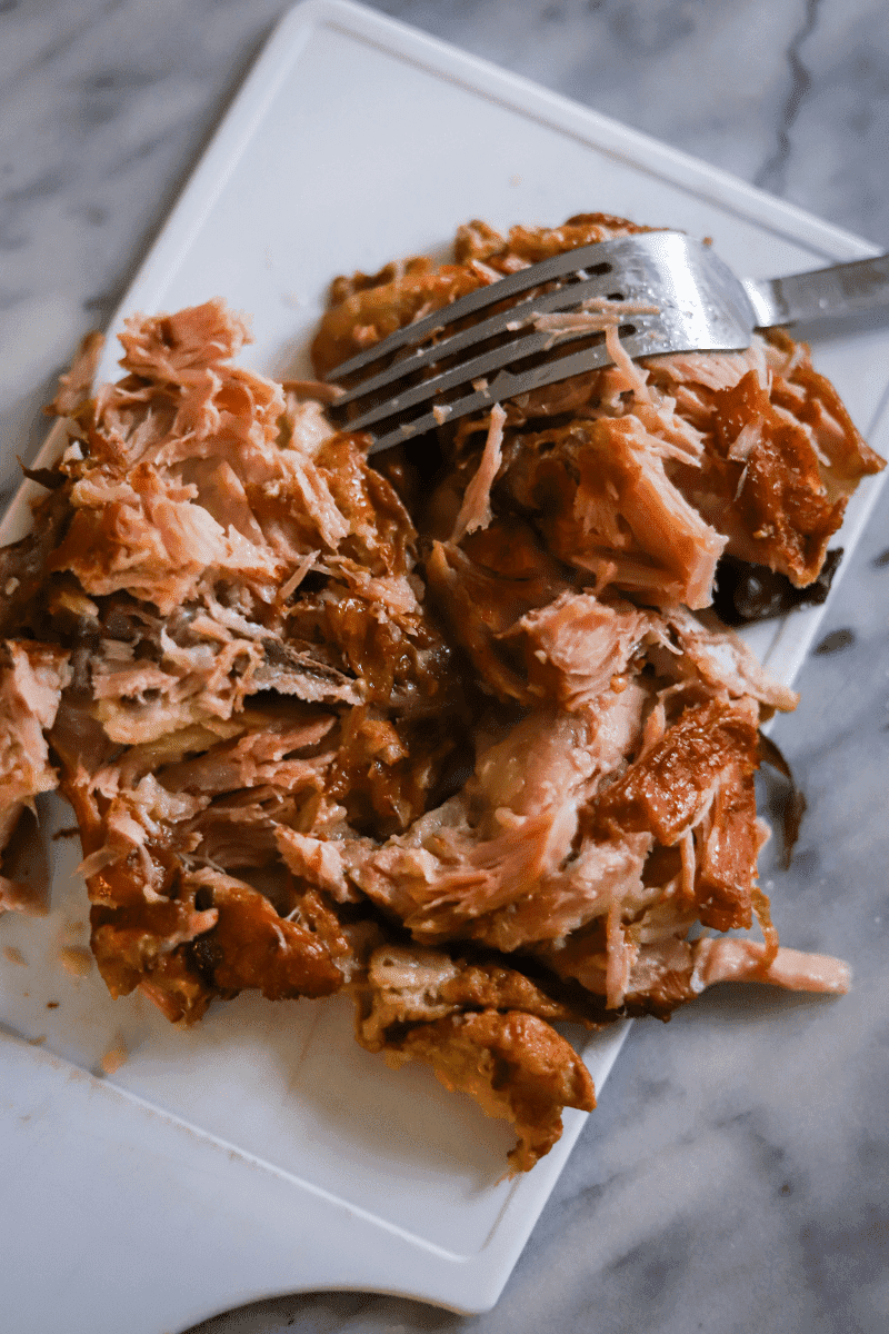 This is a close up photo that demonstrates the turkey meat being shredded with a fork.