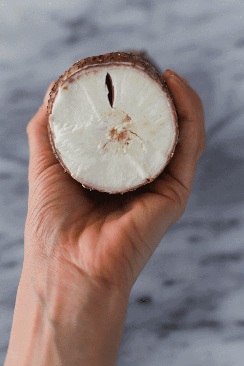 This is a close up photo that shows the inside flesh of mandioca (yuca root)