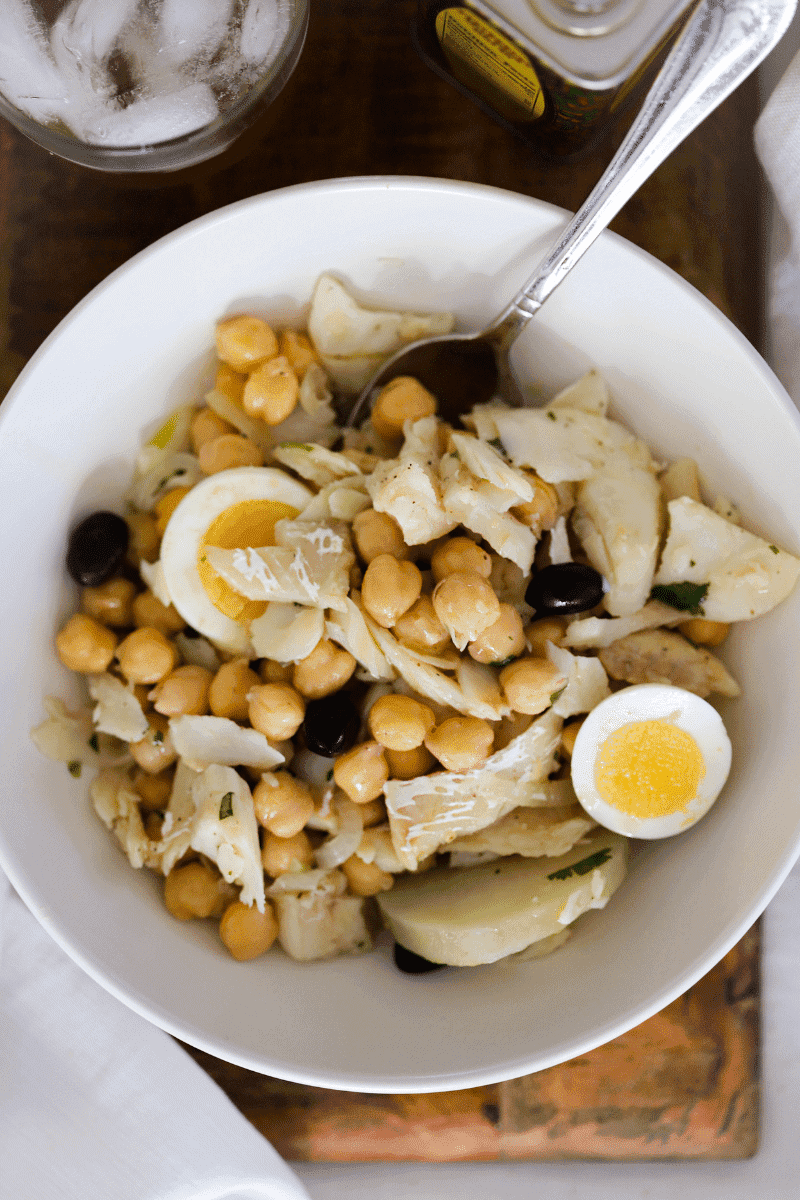 bowl of Cape Verdean bacalhau with chick peas