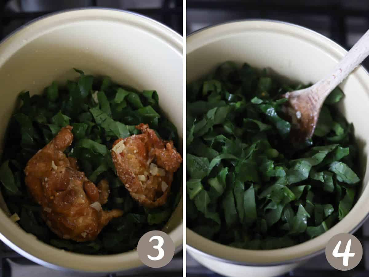 Half pot of collard greens with smoked turkey on top (left) remaining greens added to the pot (right).