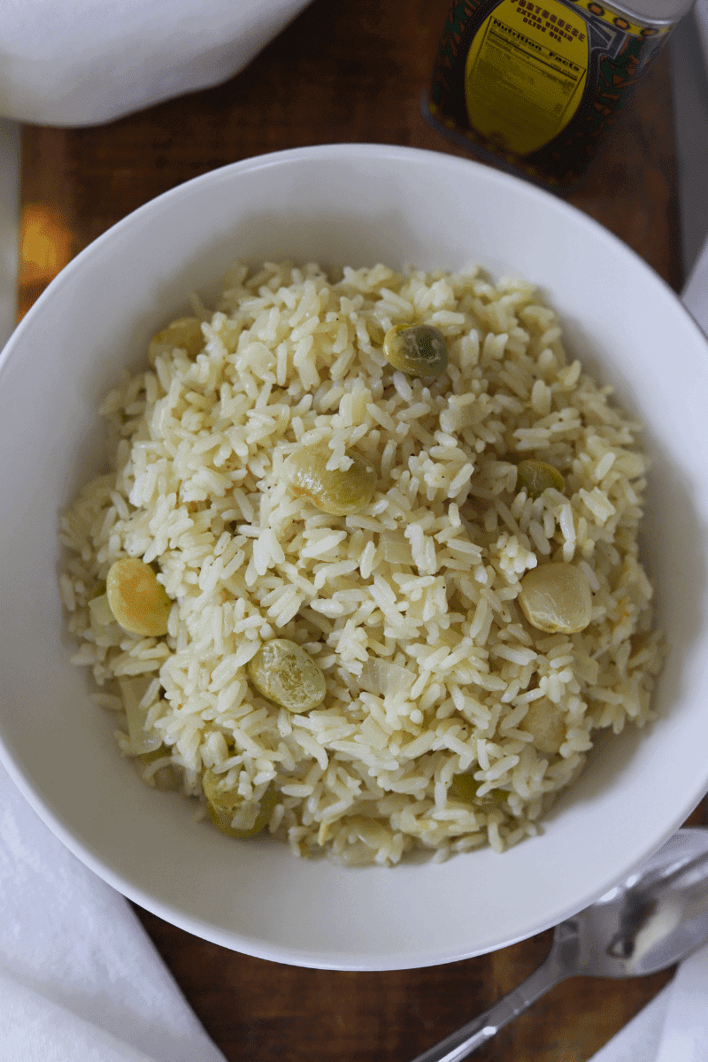 Cape Verdean style white rice with lima beans in a bowl