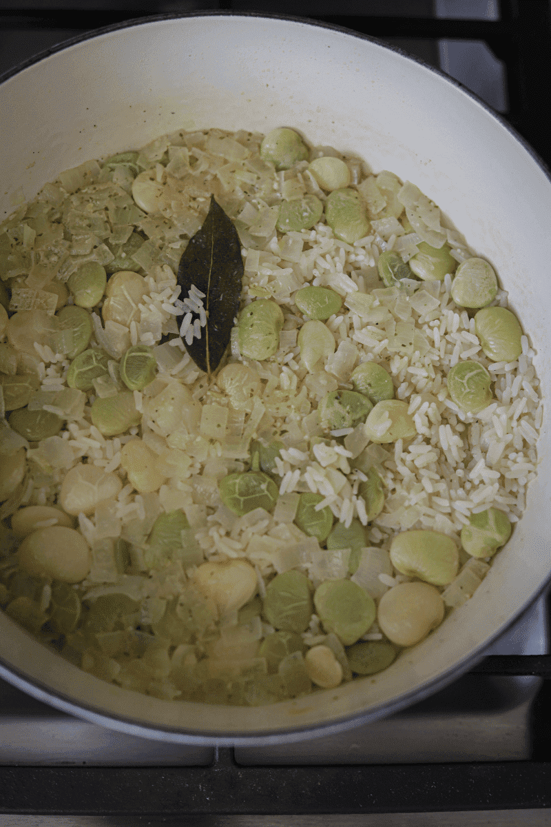 Close up of Cape Verdean style white rice with lima beans in a pan