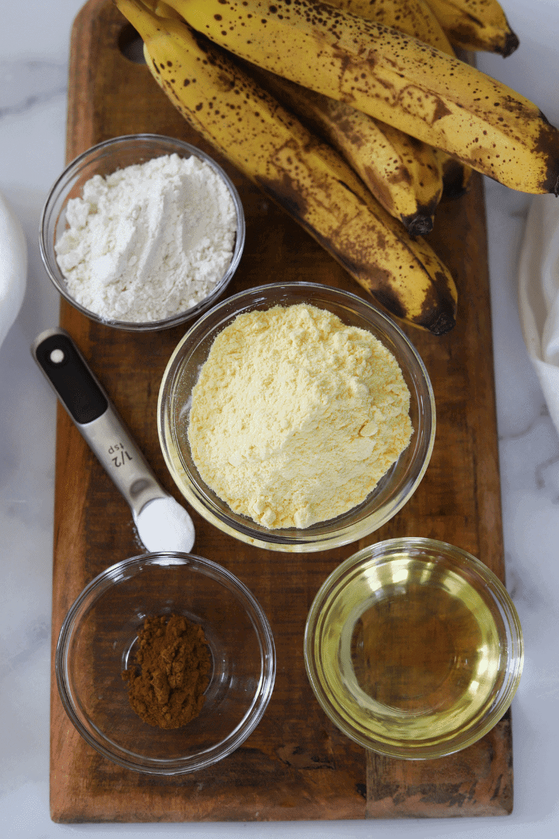 Overhead photo of ingredients for Cape Verdean banana fritters (brinhola)