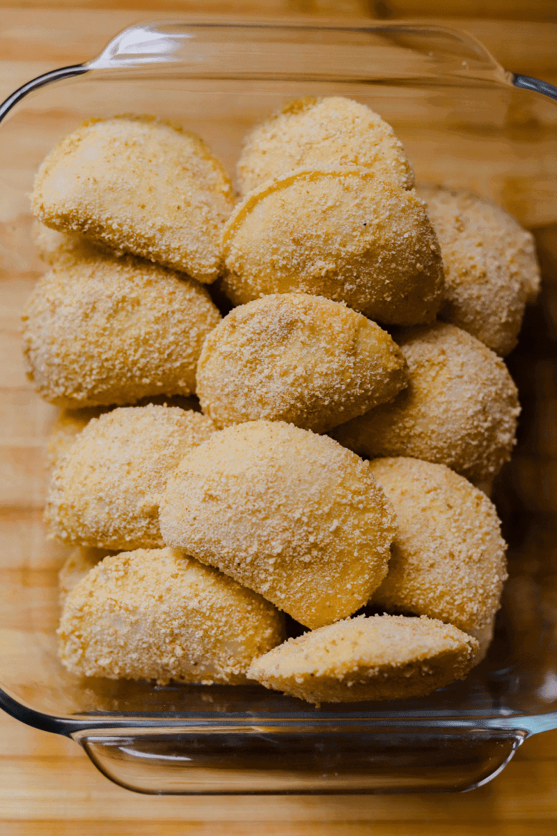 breaded rissois in a glass dish