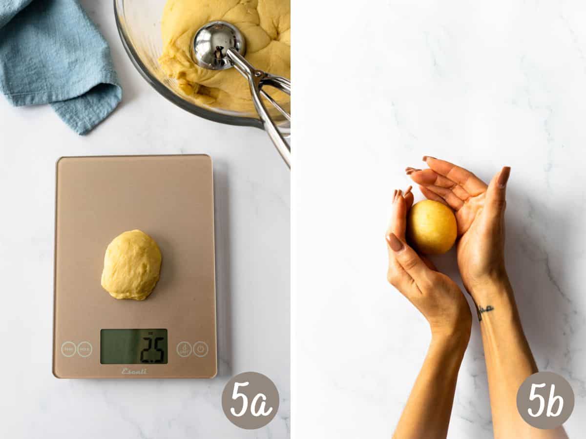 portioned roll on a kitchen scale (left), set of hands forming the dough into rolls (right).