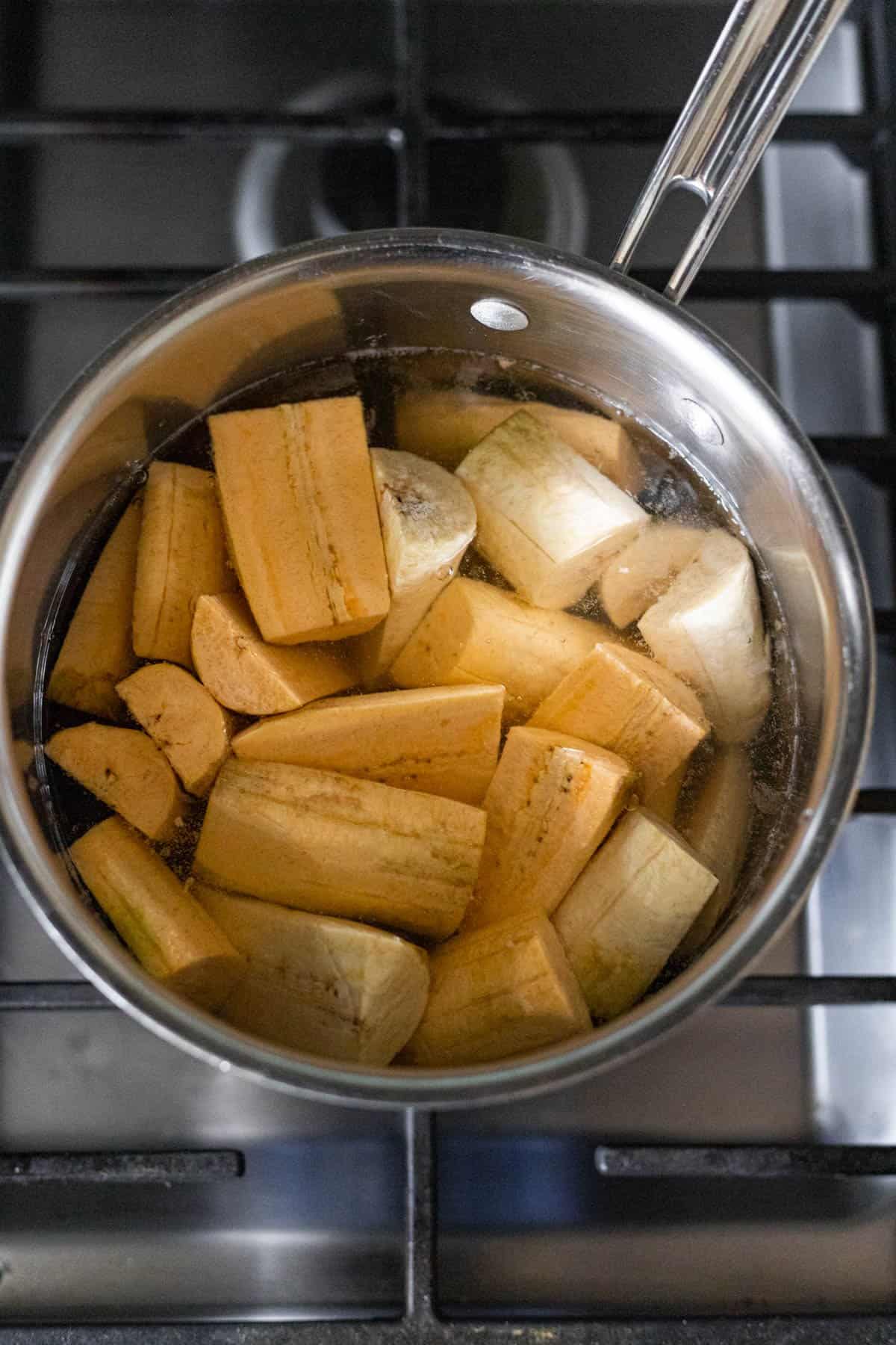 pot of boiled plantains