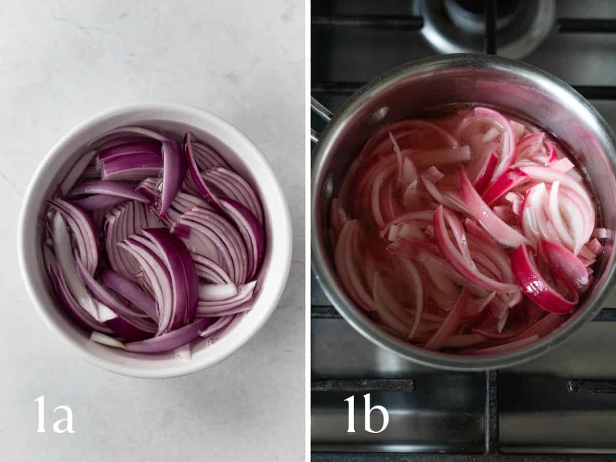 sliced onions in a bowl(left) and in the pan (right).