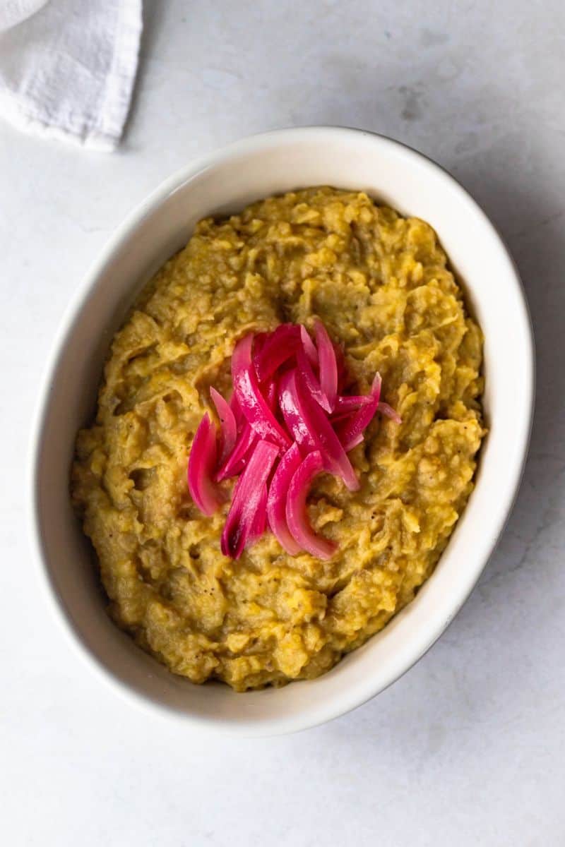 Dominican mangu topped with onions.