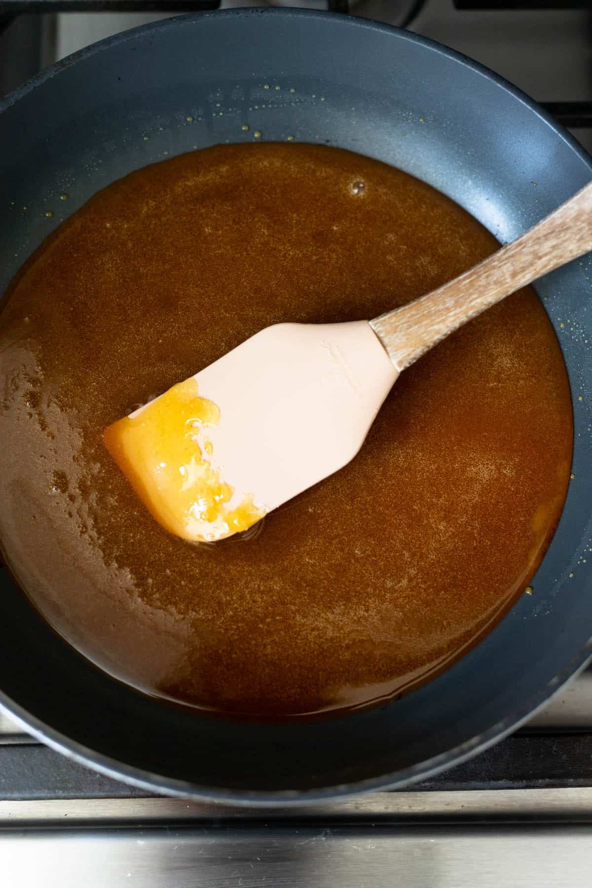 caramel syrup for flan in a skillet