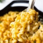 spoonful of creamy cast iron mac and cheese made with 5 cheeses.