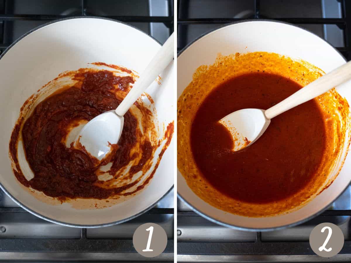 Cooked tomato paste and seasonings in an enamel pot (left), tomato base in an enamel pot (right).
