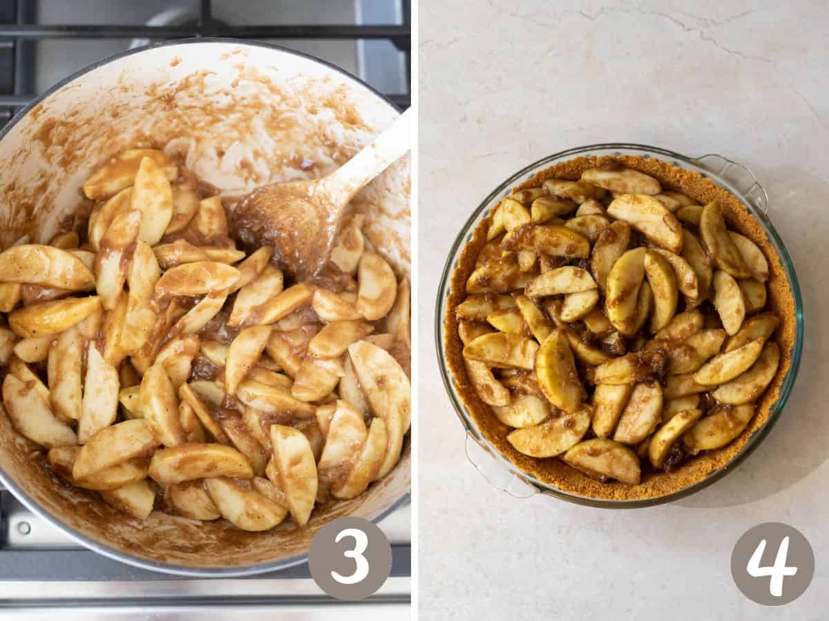 cooked apple filling on the stovetop (left), cooked filling in graham cracker pie shell (right).