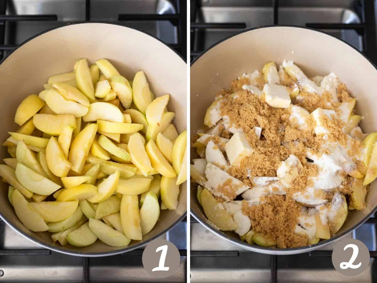 apple slices in a large pot on stovetop (left) apple slices topped with sugar, butter and spices (right).