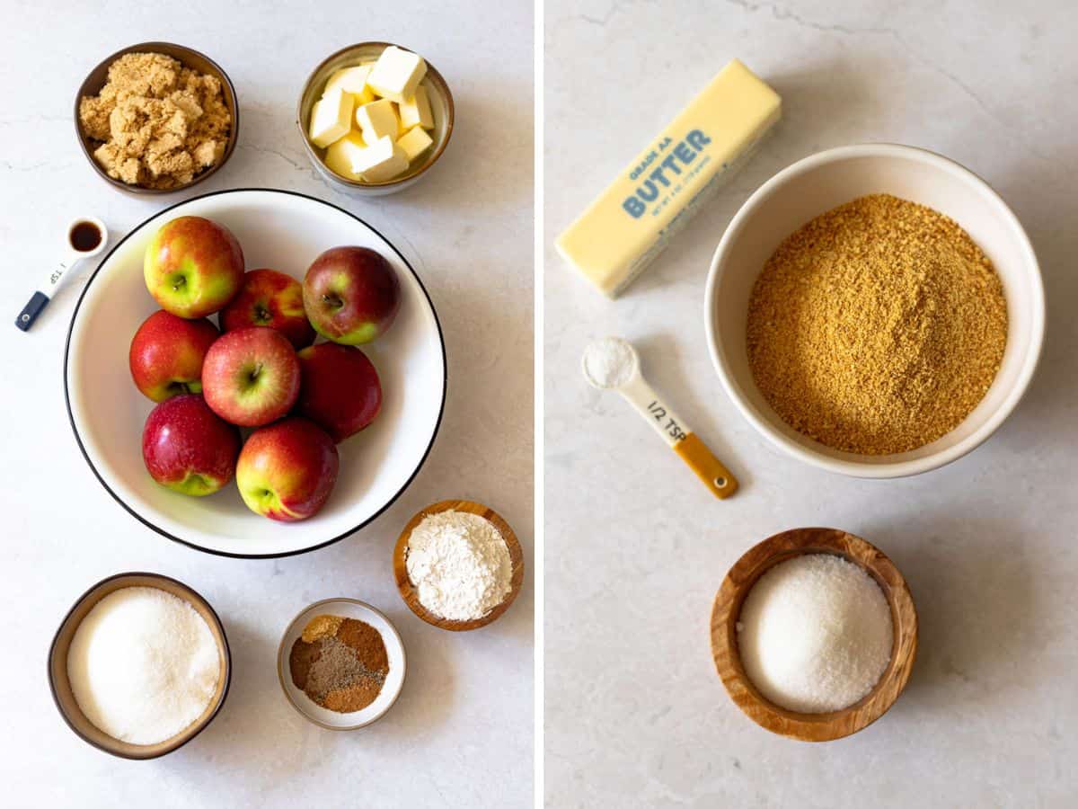 apple pie ingredients (left) graham cracker crust ingredients (right).