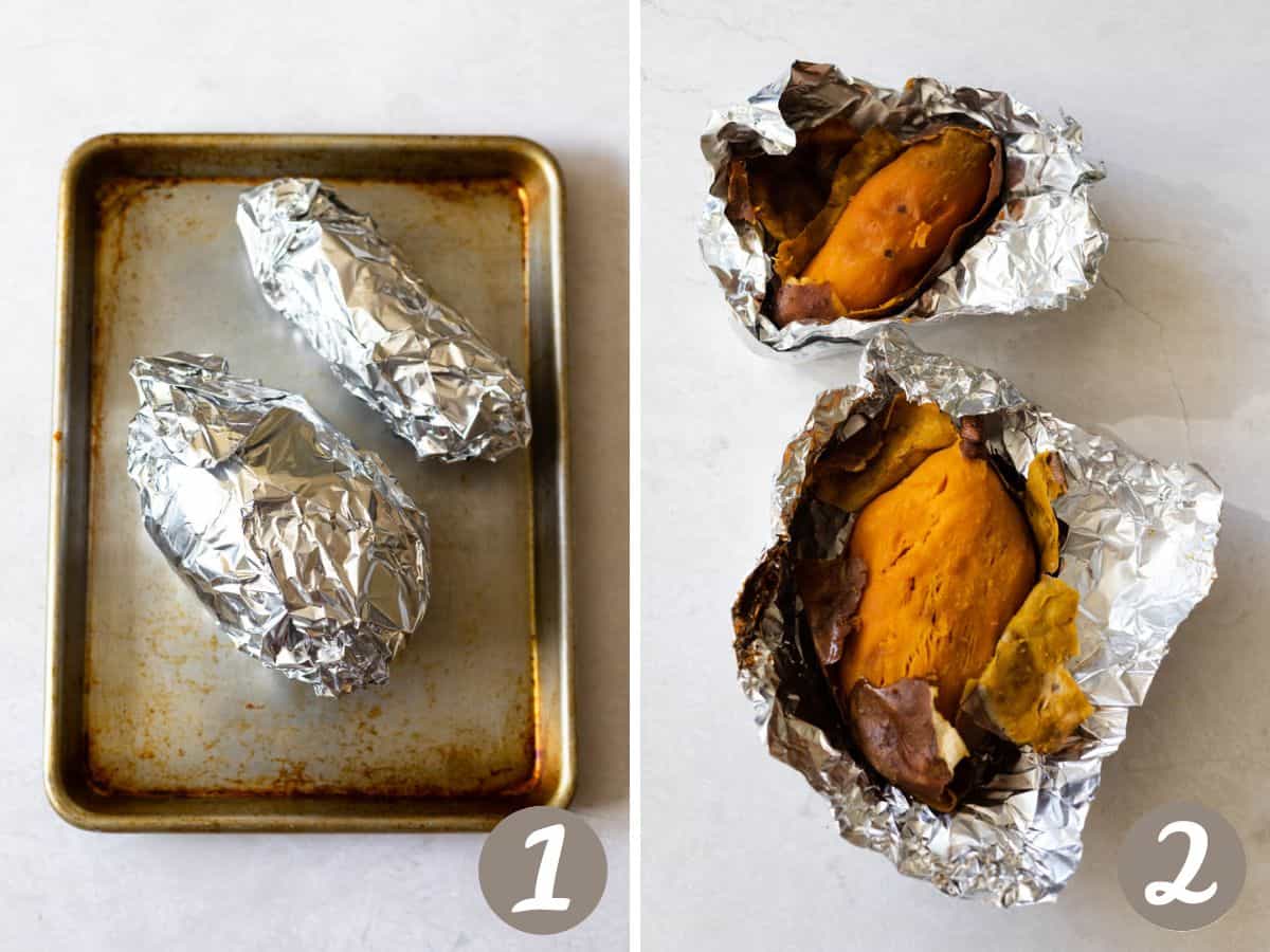 two sweet potatoes tightly wrapped in foil (left), unwrapped sweet potatoes with bright orange flesh and skin peeled back (right).
