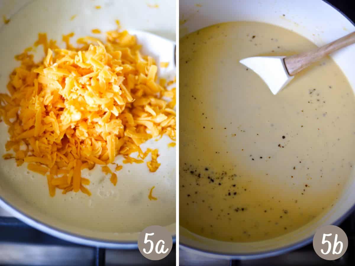 shredded cheddar added to roux (left) smooth and creamy cheese sauce in a dutch oven pot (right).
