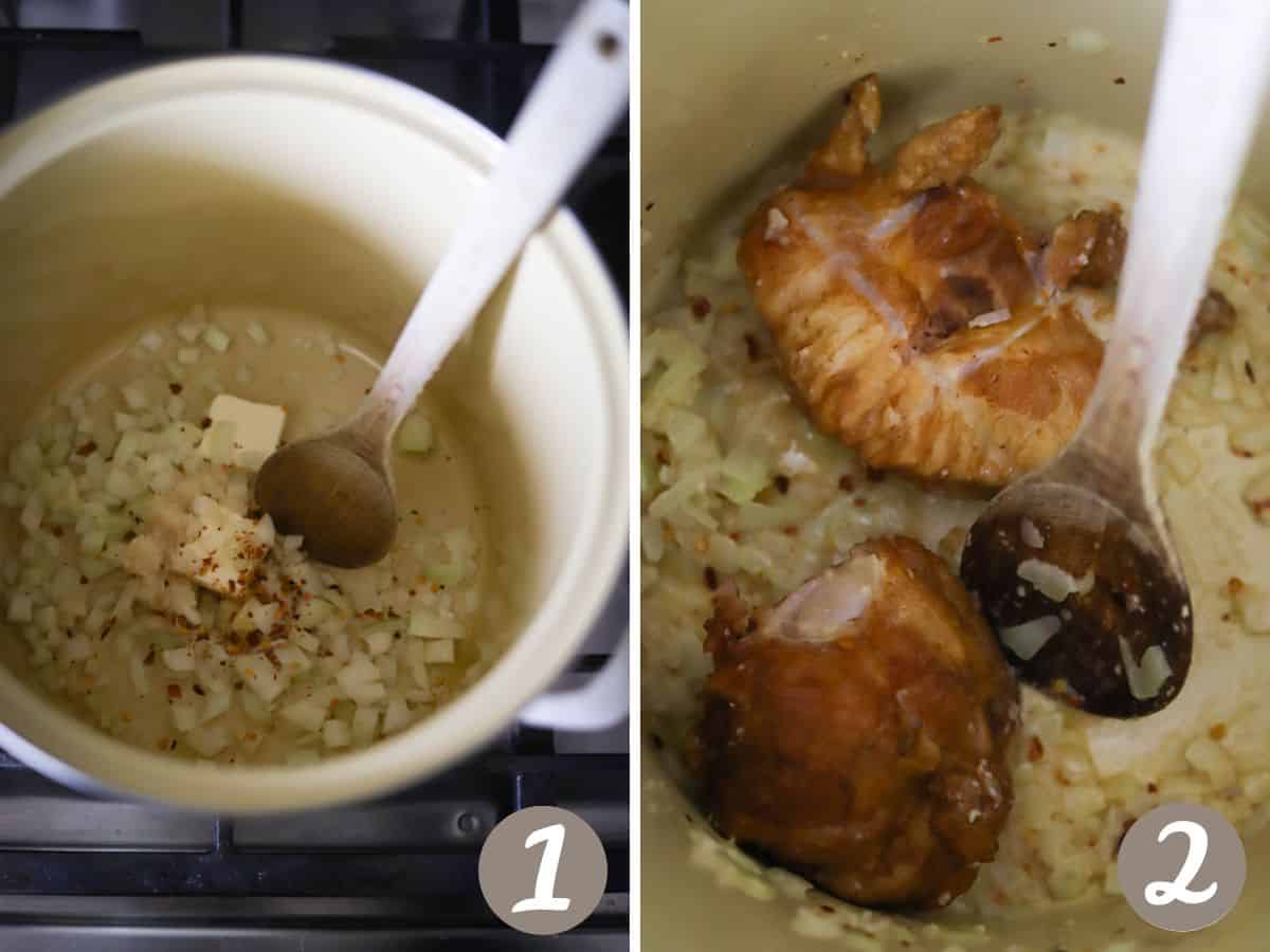 Onions, garlic, chili flakes sautéed in butter (left), browned smoked turkey tails in a pot (right).