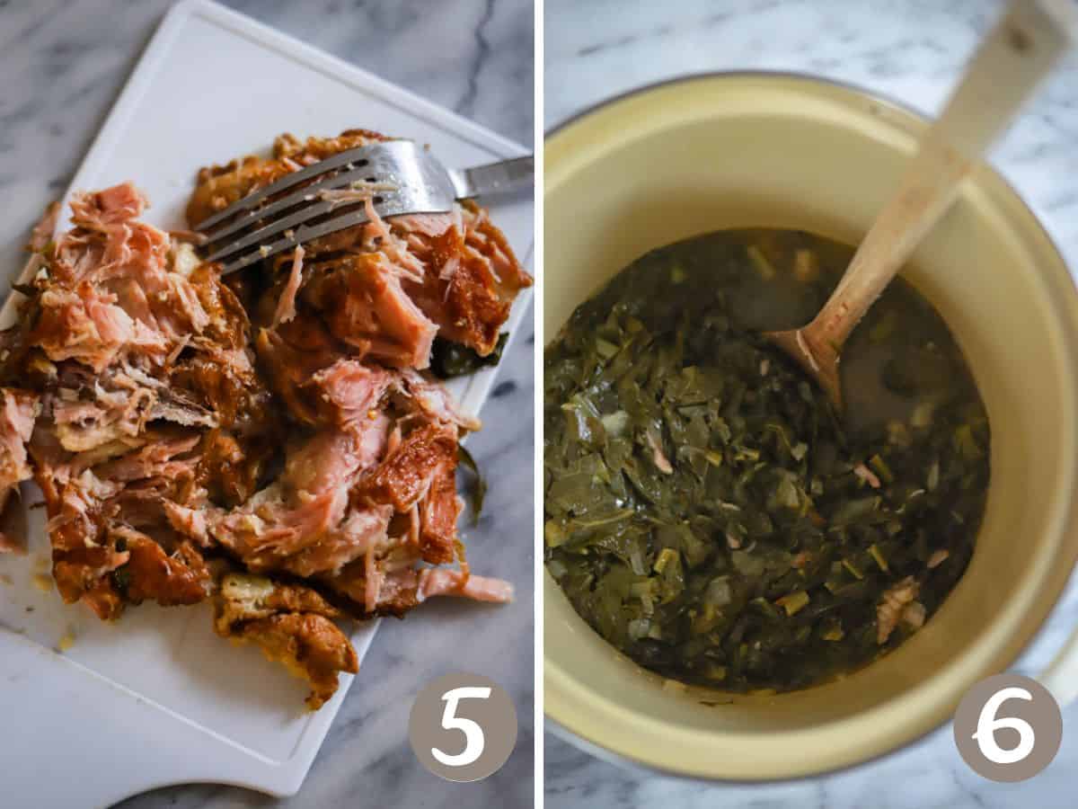 shredded  turkey on a plastic cutting board (left), fully-cooked greens in a pot (right).