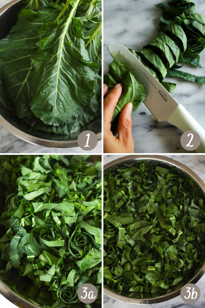 whole collard greens in a bowl (top left), rolled collard greens being sliced with a knife (top right), sliced collard greens in a metal bowl (bottom left), sliced collard greens soaking in a bowl of water (bottom right).