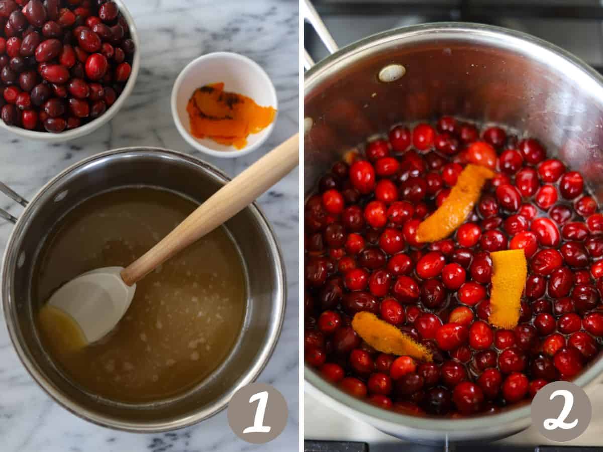 melted sugar and orange juice in a pan (left), cranberries in cooking liquid with orange zest (right).