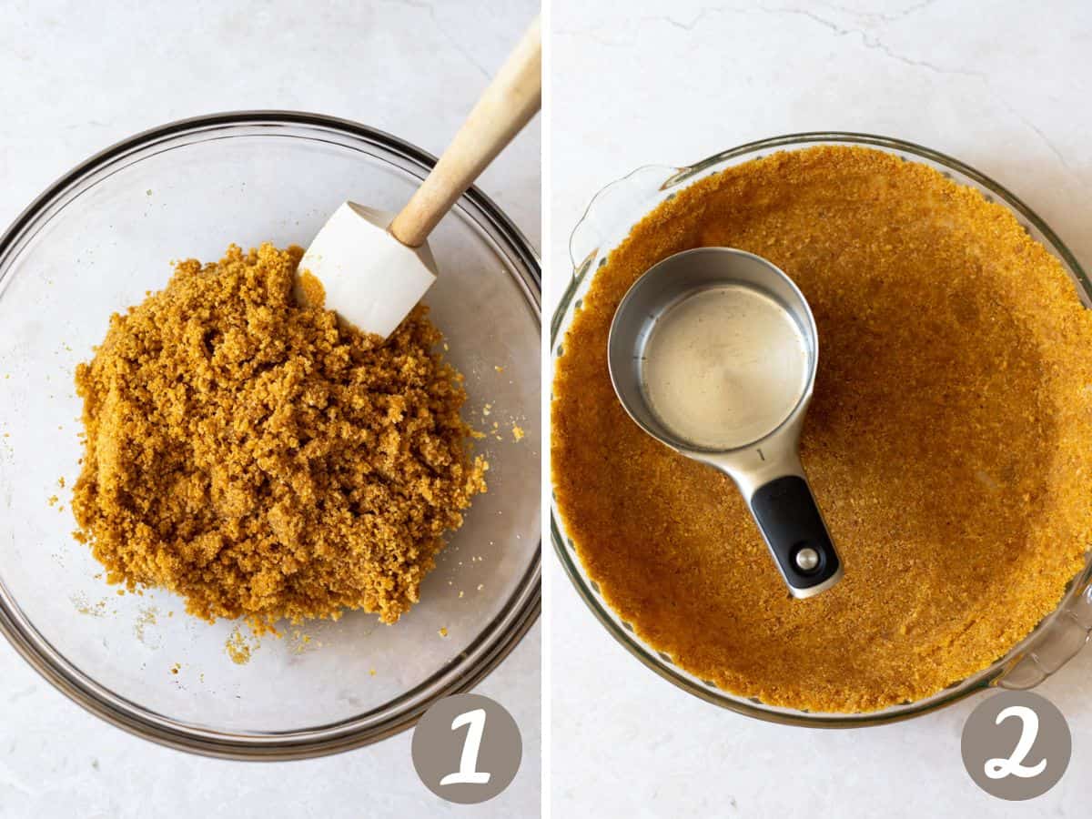 moistened, sweetened graham cracker crumbs in a bowl (left), pressed graham cracker crumbs in a glass pie plate (right).