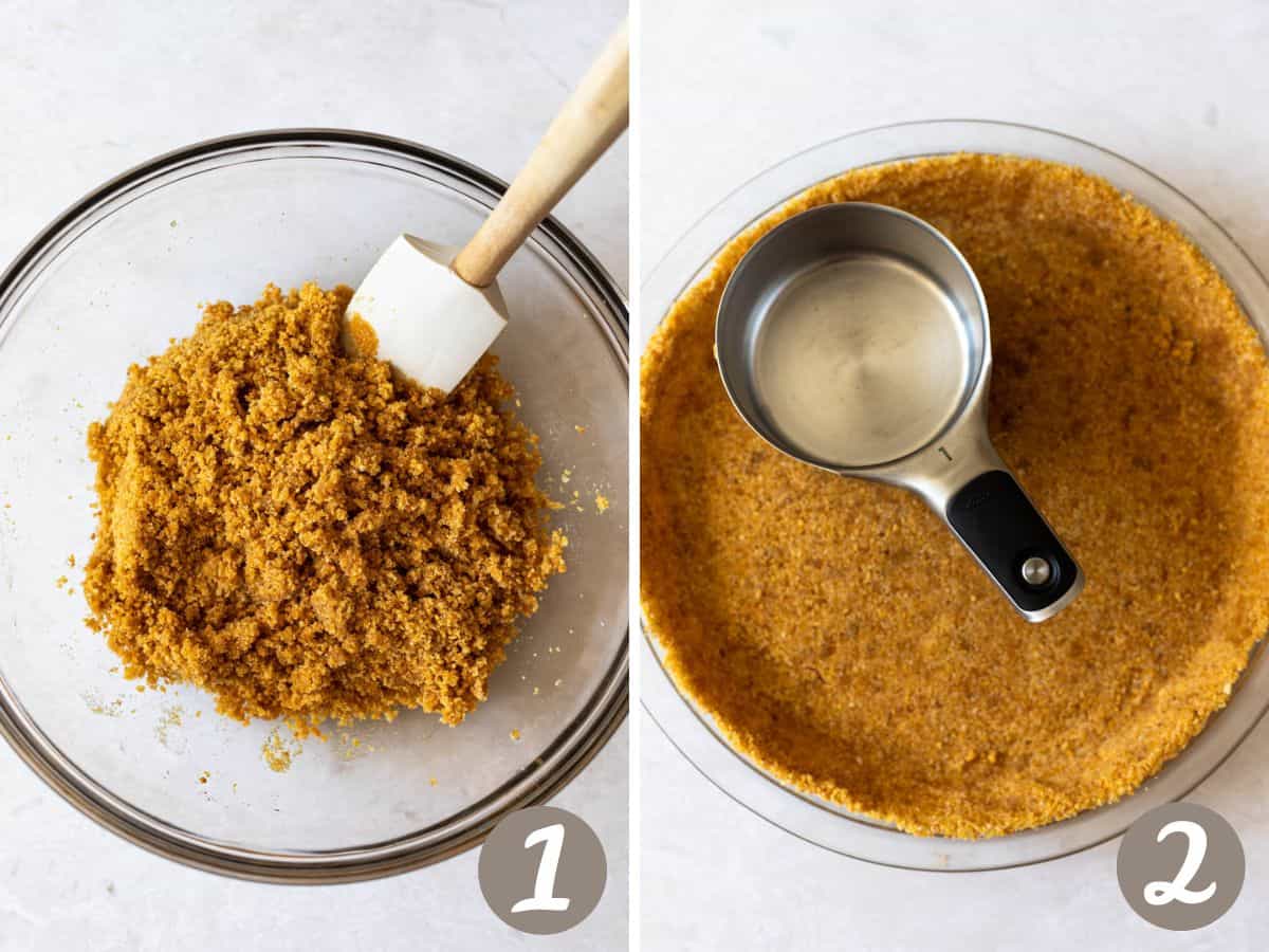 moistened, sweetened graham cracker crumbs in a bowl (left), pressed graham cracker crumbs in a glass pie plate (right).