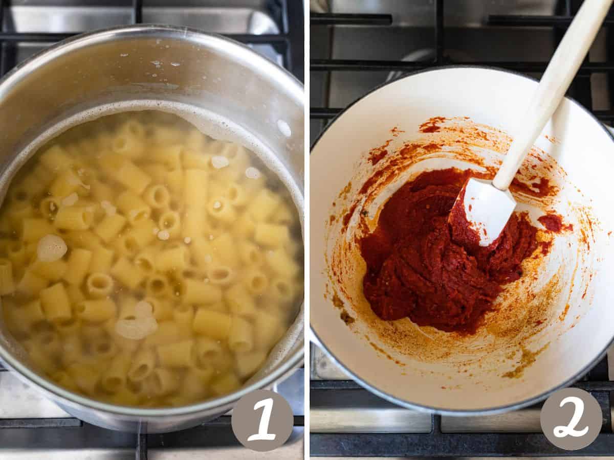 cooked rigatoni pasta in a pot of hot water (left), cooked tomato paste in an enamel pan (right).