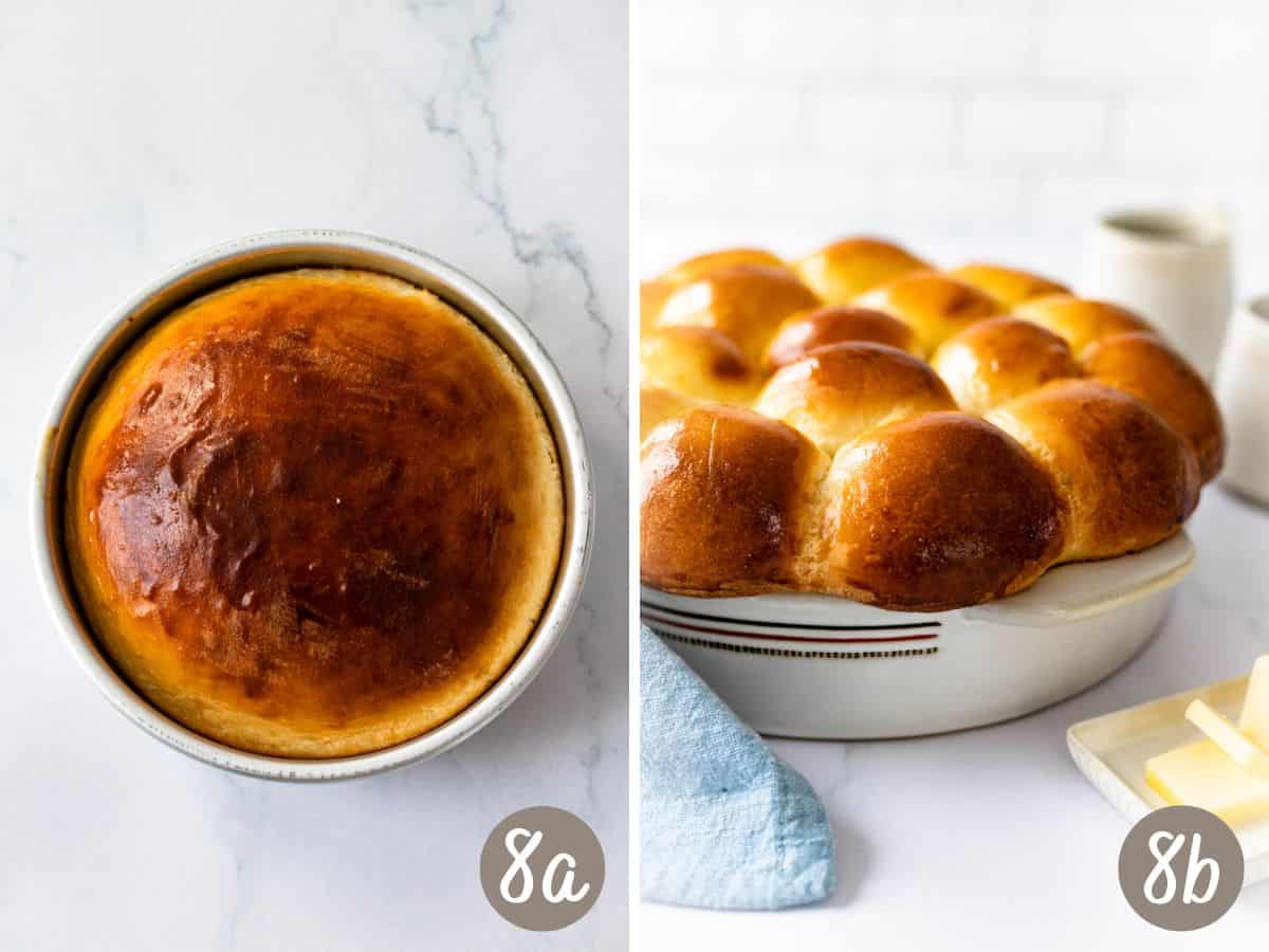 baked loaf of Portuguese sweet bread in a round baking pan (left), baked rolls in a ceramic baking dish on the right.