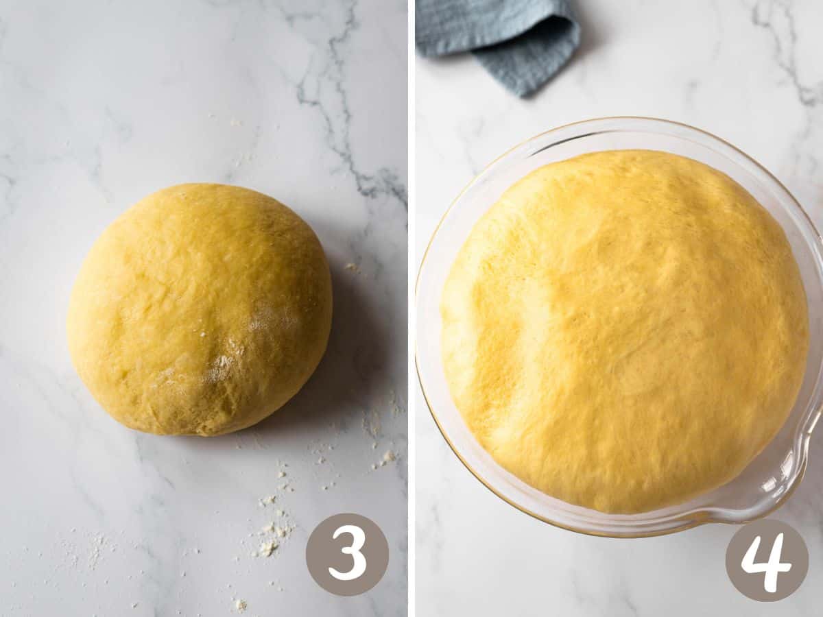 ball of kneaded dough on a marble background (left), risen dough in a glass bowl (right).