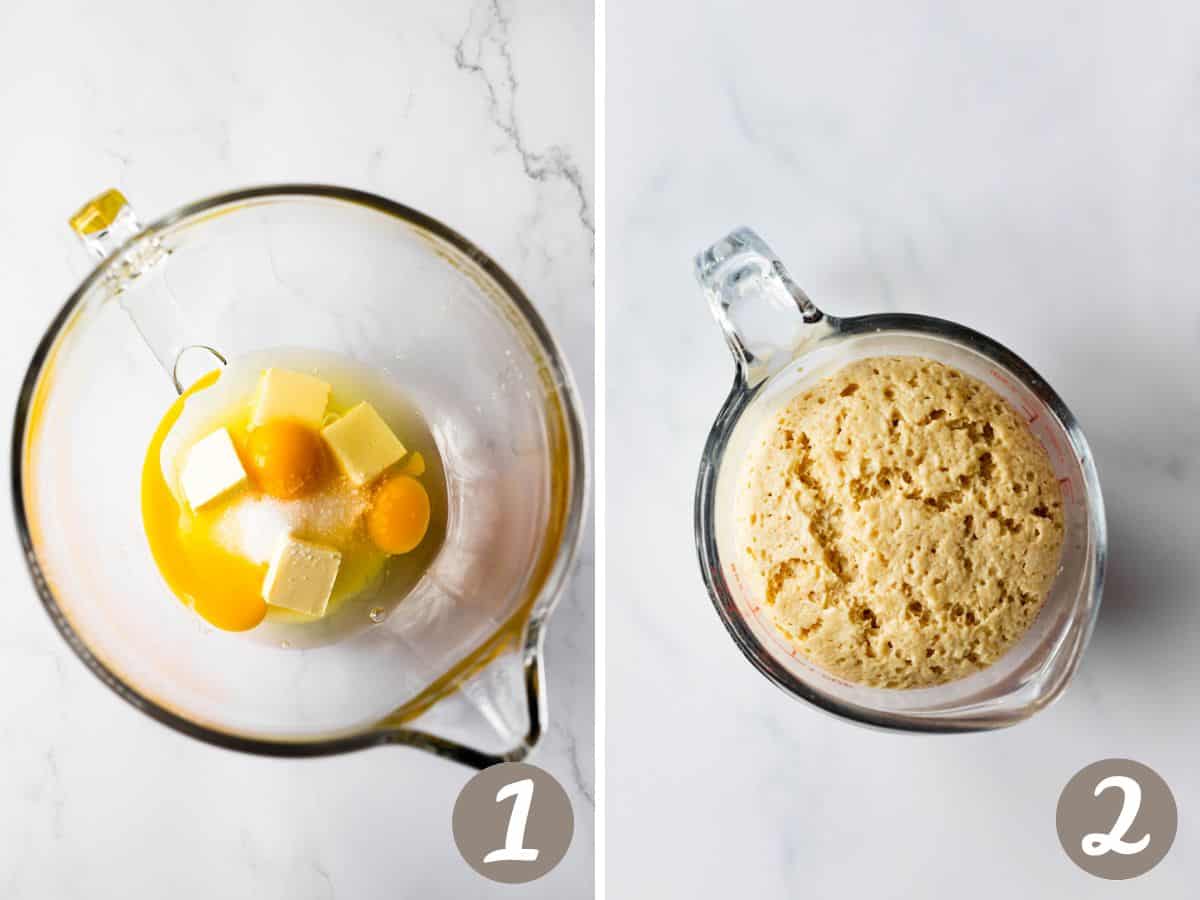 cubed butter, eggs, sugar and salt in a clear glass mixing bowl (left), proofed yeast in a glass measuring cup (right).