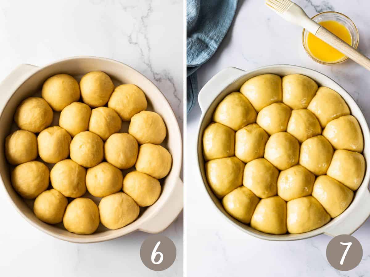 portioned rolls of dough in a 10-inch ceramic baking pan (left), unbaked rolls that have risen and been brushed with egg wash in the same baking pan (right).