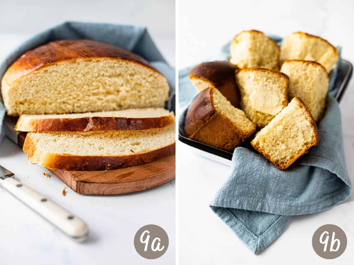 sliced loaf of Portuguese sweet bread (left), sliced buttered rolls in a metal pan with a blue cloth napkin (right).