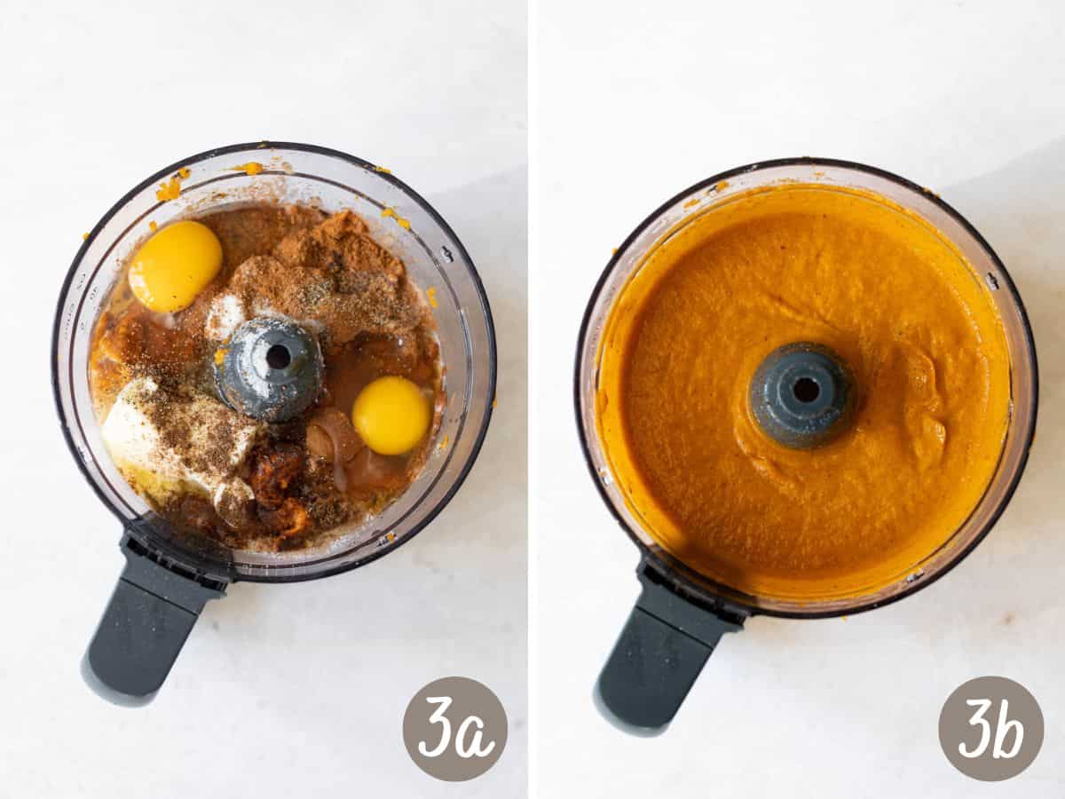 sweet potato pie filling ingredients in a food processor bowl (left), smooth sweet potato purée in food processor bowl (right).