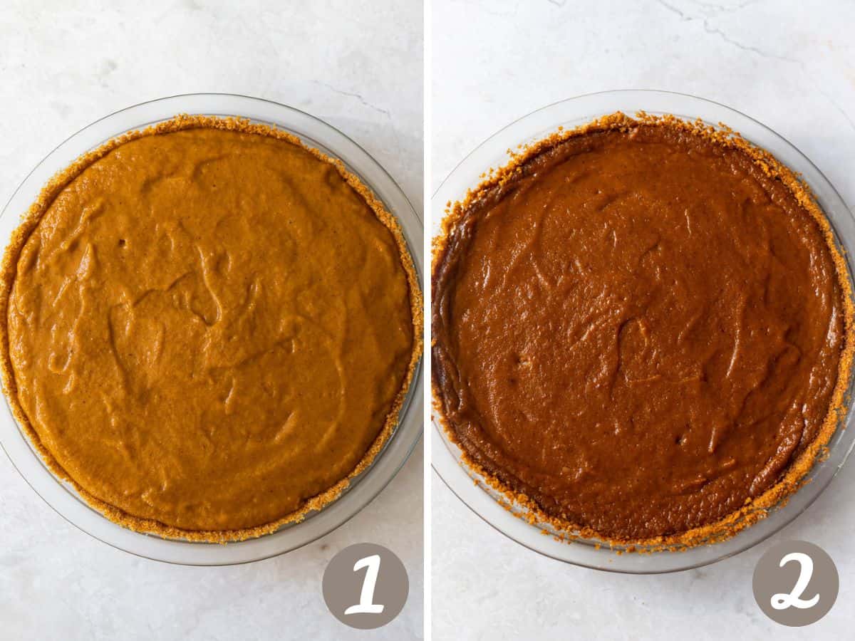 unbaked potato pie with graham cracker crust (left), baked sweet potato pie (right).