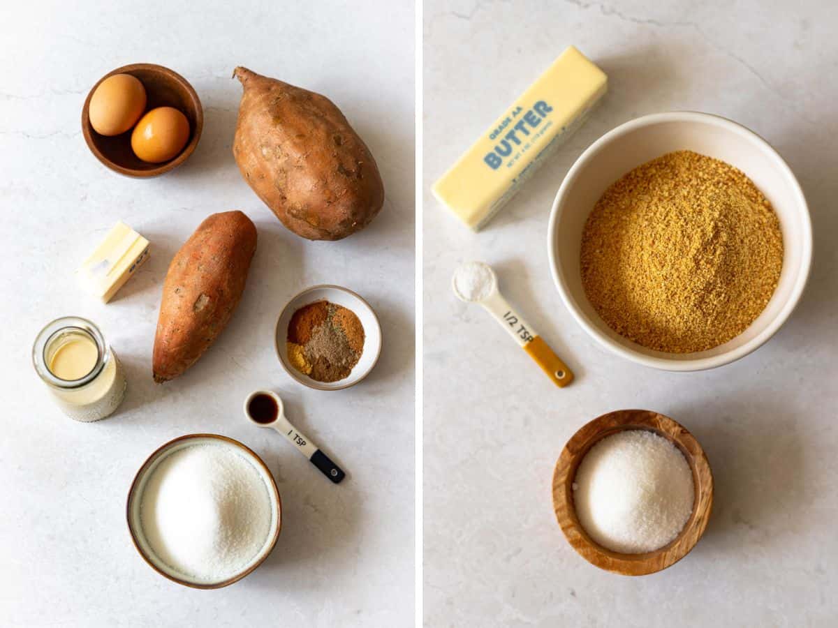 sweet potato pie filling ingredients (left), graham cracker crust ingredients (right).