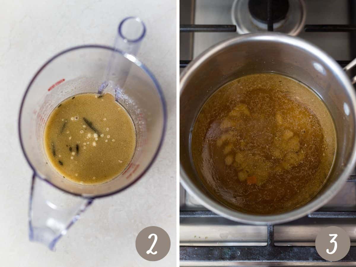 cornstarch slurry in measuring cup for gravy (right), gravy in a pan on stovetop (right).