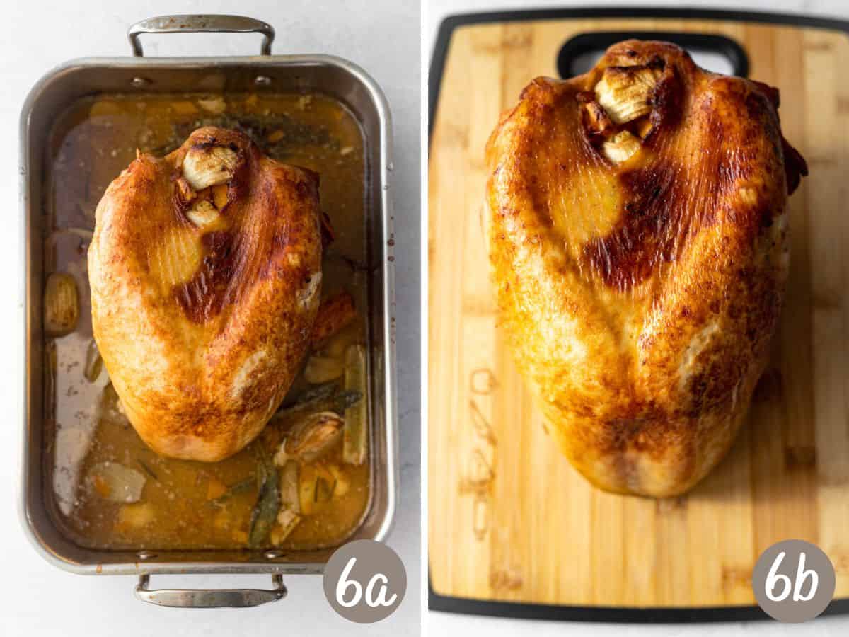 fully roasted turkey breast in roasting pan (left). Un-carved roasted turkey breast on cutting board (right).