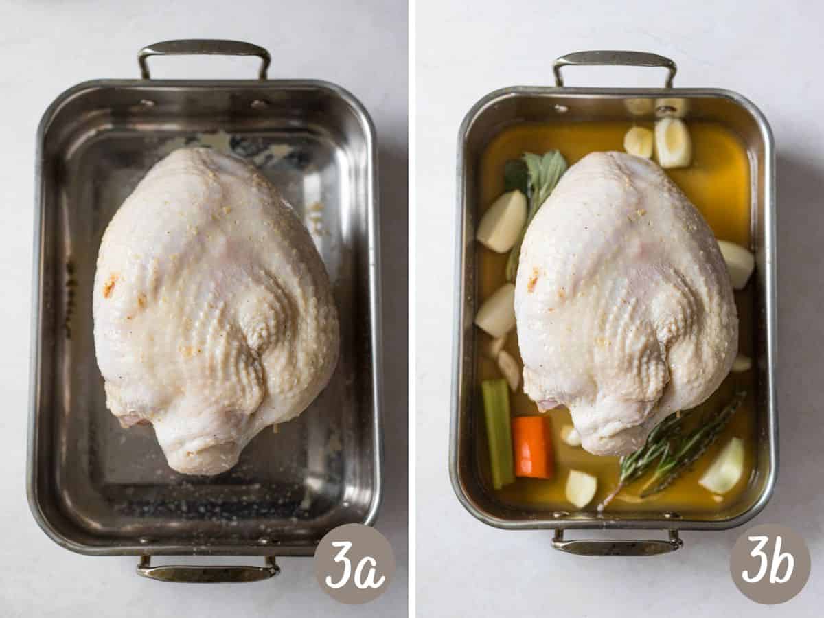 uncooked bone in turkey breast in a roasting pan with onions, carrots, sage, celery, thyme, rosemary and turkey broth.