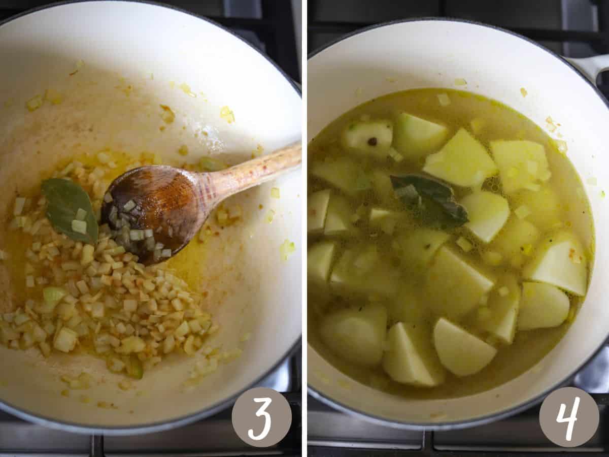 sautéed garlic, onions and bay leaf in a pot (left), potatoes added to the pot (right).