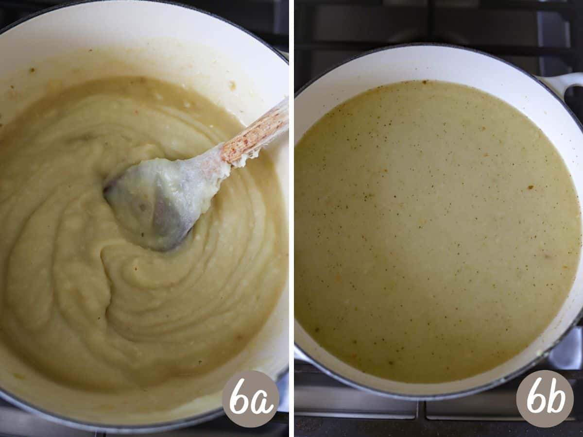 puréed potatoes added to the pot  (left),broth thinned out with water (right).